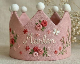 Custom Roses Hand Embroidered Birthday Party Crown, Personalized Floral Linen Crown for Birthday, Gifts for Birthday,Handmade Birthday Crown