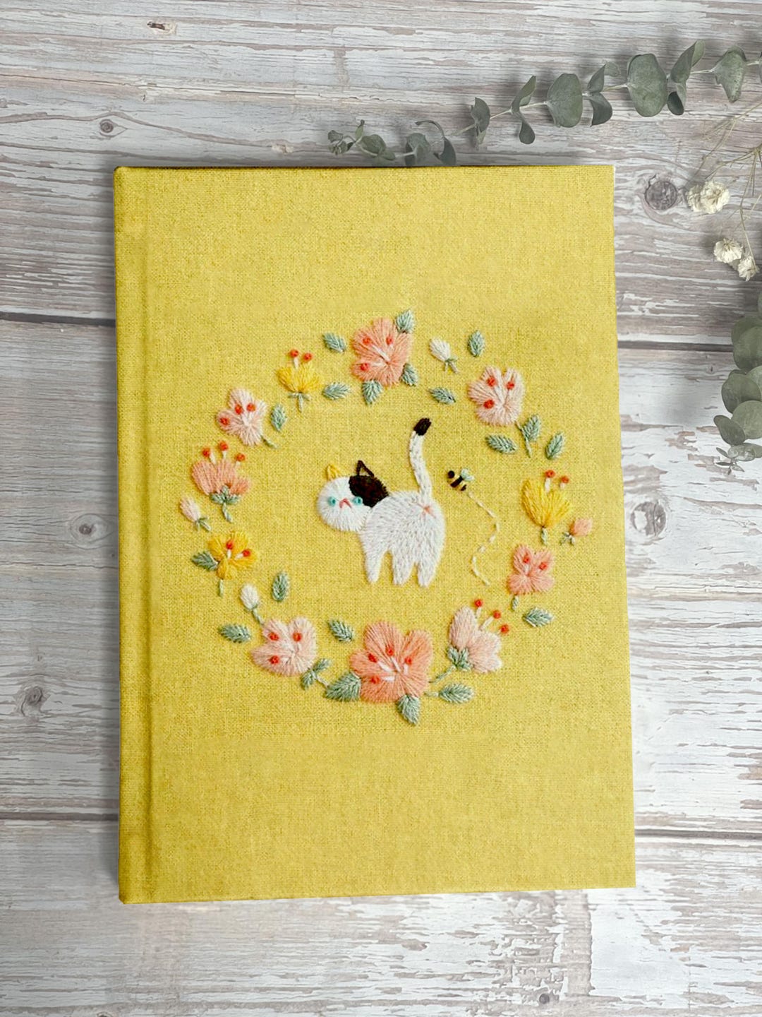 Personalized Hand Embroidered Linen Notebook Cat & Floral Design, Linen ...