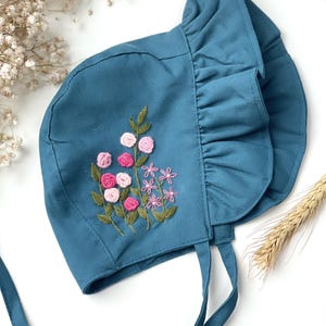 Custom Baby Linen Roses Embroidered Bonnet, Baby Linen Embroidered Bonnet, Hand Embroidered Linen Bonnet, Baby Brim Bonnet, Baby SunBonnet