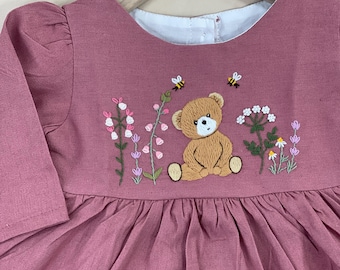 Dress with Bear in Flowers Garden Hand Embroidery, Girls Soft Linen Dress, Toddler Linen Dress, First Birthday Girl Dress, Dress for Girls