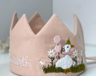 Custom Party Crown with Hand Embroidered Birthday Goose, Personalized Linen Crown for Birthdays, Gifts for Birthday, Handmade Birthday Crown