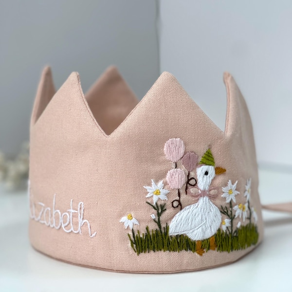 Custom Party Crown with Hand Embroidered Birthday Goose, Personalized Linen Crown for Birthdays, Gifts for Birthday, Handmade Birthday Crown