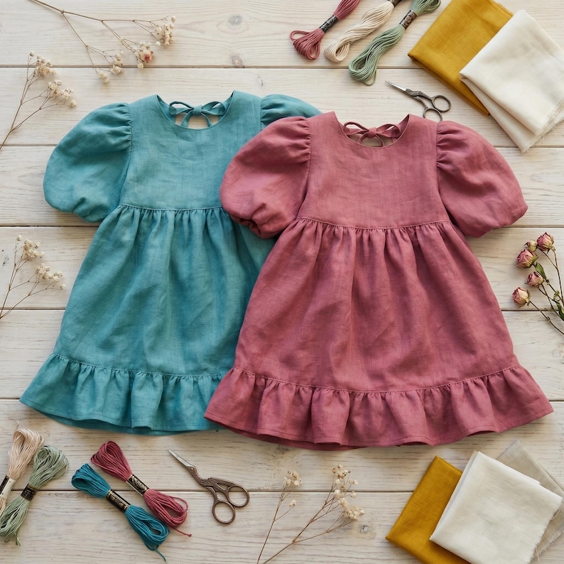 May include: Two dresses with puff sleeves, a round neckline, and a ruffled hem. One dress is teal and the other is dusty rose. Both feature a tie closure at the back of the neck. The dresses are displayed alongside embroidery thread and fabric swatches.