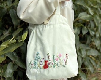 Drawstring Fox in The Garden Hand Embroidered Linen Tote Bag, Shoulder Bag, Tote Bag, Hand Embroidered Tote, Personalised Bag, Shopping Bag