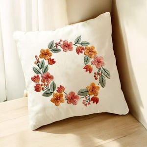 Hand Embroidered Floral Wreath Linen Pillow, Handmade Wildflower Cushion, Linen Pillow Cover, Living Room Decor, Home Decor, Handmade Gift
