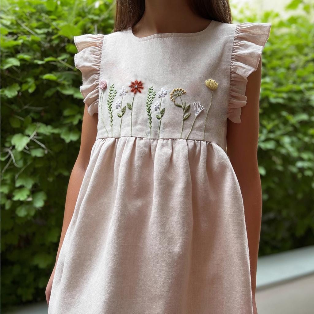 Personalized Dress with Flower Hand Embroidered, Custom Soft Linen Dress, Toddler Linen Dress, Birthday Dress, Kid Clothing, Dress for Girls