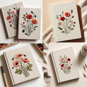 Personalized Poppy Flower Handmade Notebook, Vintage Hand Embroidered Notebook, Fabric Cover Notebook, Custom A5 Notebook, Secret Notebook