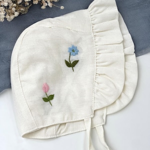 Vintage Hand Embroidered Flowers Ruffled Baby Bonnet, Baby Linen Bonnet, Hand Embroidered Linen Bonnet, Baby Brim Bonnet, Custom Baby Bonnet