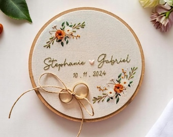 Personalized Floral Hand Embroidered Linen Ring Holder, Custom Embroidery Wedding Hoop, Wedding Ring Holder, Wedding Ring Bearer Pillow