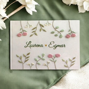 Custom Name Hand Embroidered Flowers Memory Book, Embroidered Linen Wedding Guest Book, Personalized Landscape Notebook, Hardbound Scrapbook