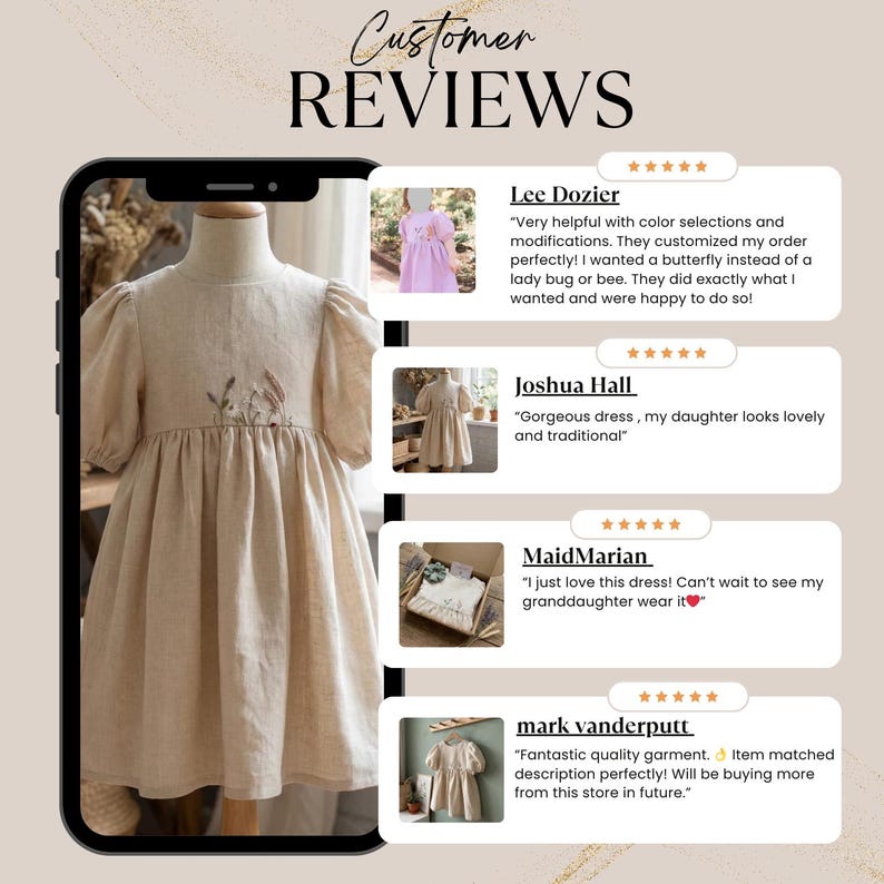 May include: A beige dress with puff sleeves and floral embroidery on the chest, displayed on a mannequin within a smartphone screen showing customer reviews with five-star ratings and text from Lee Dozier, Joshua Hall, MaidMarian, and mark vanderputt.