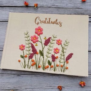 Custom Hand Embroidered Flowers Landscape Notebook, Personalized Embroidered Linen Wedding Guest Book, Memory Book, Hardbound Scrapbook