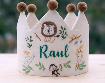 Gepersonaliseerde safari dieren handgeborduurde verjaardagsfeestje kroon, linnen kroon voor verjaardagen, cadeaus voor verjaardag, handgemaakte verjaardagskroon
