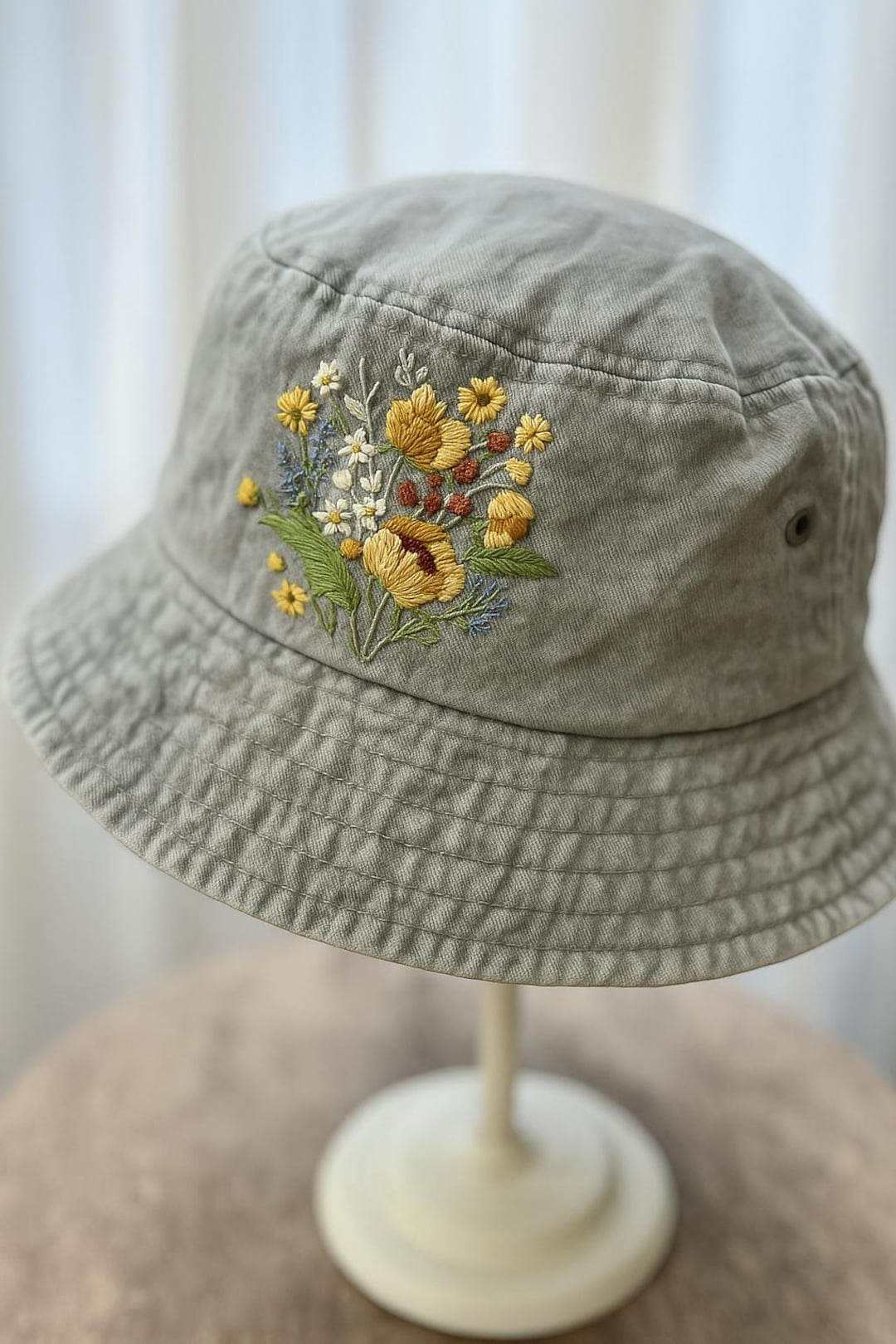 Vintage Denim Bucket Hat with Floral Embroidery and Mini Pocket VTG Bucket Hat 90s SM Blue Denim Blossom Cotton Floral  main image 3