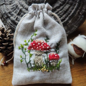 Pilz Stickerei Kordelzugbeutel, Leinen Geschenkverpackung, handgemachte Kordeltasche, Aufbewahrungsbeutel, Schmuckbeutel, Muttertagsgeschenk