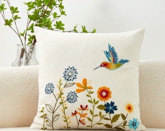 Colorful Flower and Hummingbird Embroidery Pillowcase, Handmade Cushion Cover, Floral Linen Pillow Cover, Living Room Decor, Handmade Gift