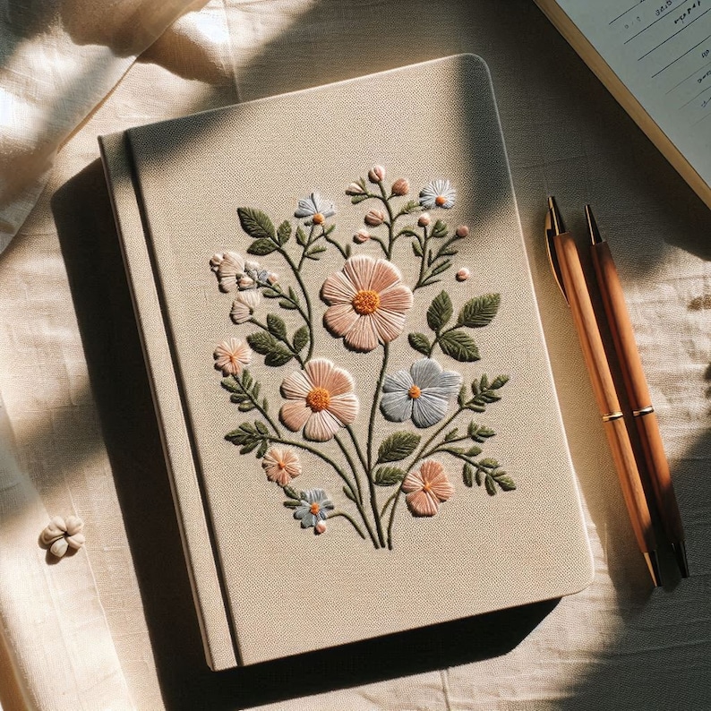 Op de afbeelding: Een beige notitieboek met een delicaat geborduurd bloemenmotief met roze en witte bloemen. De borduursels zijn gedetailleerd en ingewikkeld, wat een mooie en vrouwelijke esthetiek cre&euml;ert.