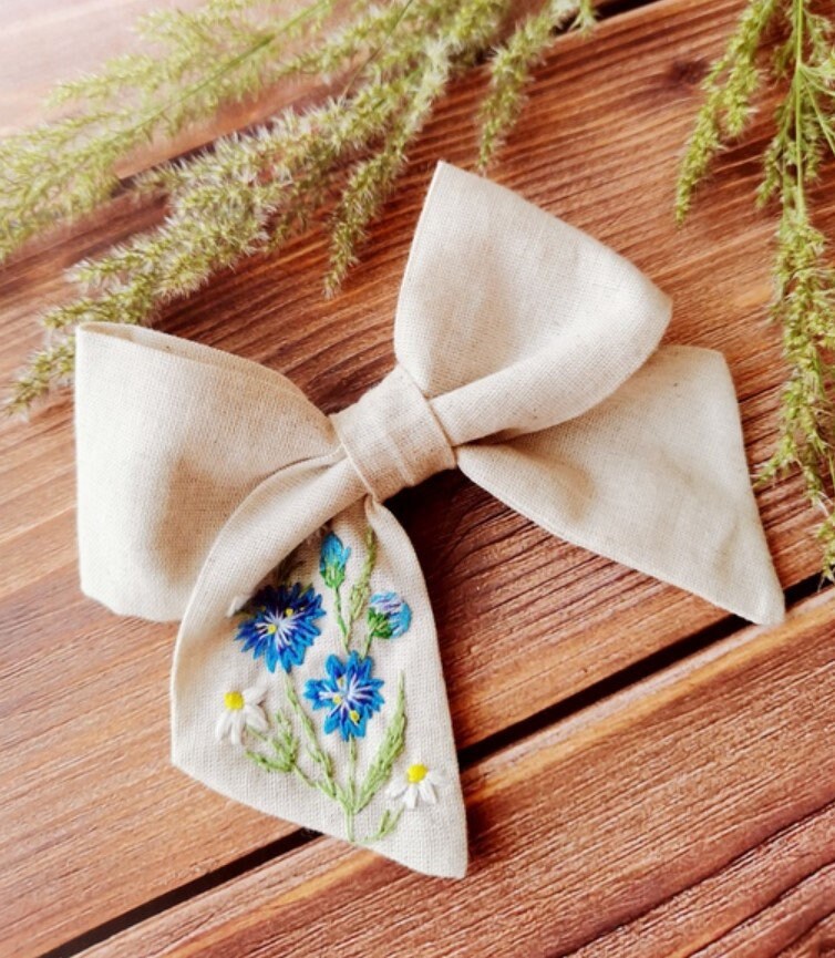 Cornflowers Embroidery Hair Bow Clip, School Hair Bow Tie for Girls, Handmade Linen Hair Bow, Fabric Hair Bow, Hair Accessories Gift