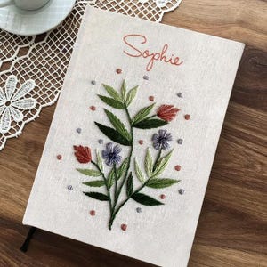 Custom Name Embroidered Notebook with Flowers, Handmade Fabric Notebook, Fabric Hard Cover Journal, A5 Notebook, Personalized Book Cover