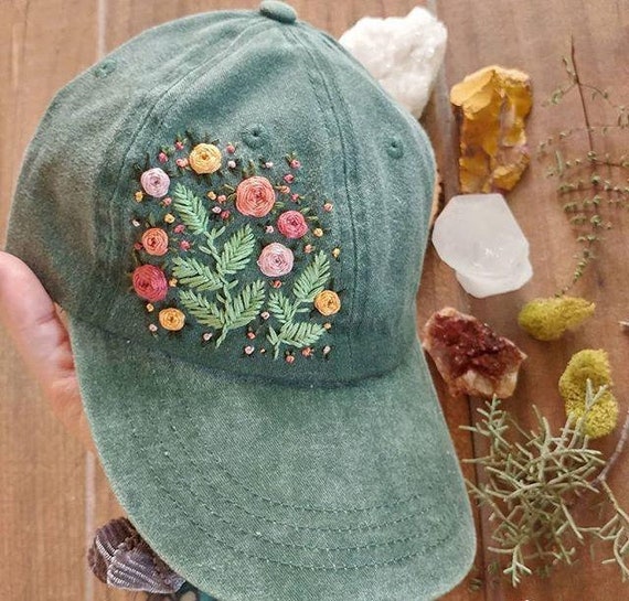 Flowers Hand Embroidered Baseball Hat, Embroidered Denim Cap 