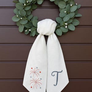 Personalized Firework Hand Embroidered Patriotic Wreath Sash, Custom Linen Wreath Bow, 4th of July/Memorial Day Door Decor,Housewarming Gift