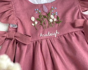 Custom Hand Embroidered Linen Dress Wildflowers Design, Soft Linen Dress, Toddler Linen Dress, Birthday Dress, Kids Clothing, Dress for Girl