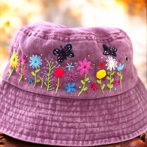 Hand Embroidery Colorful Bucket Hat, Flower Butterfly Embroidery Summer Hat, Handmade Beach Hat, Sun Garden Hat, Gift For Mom