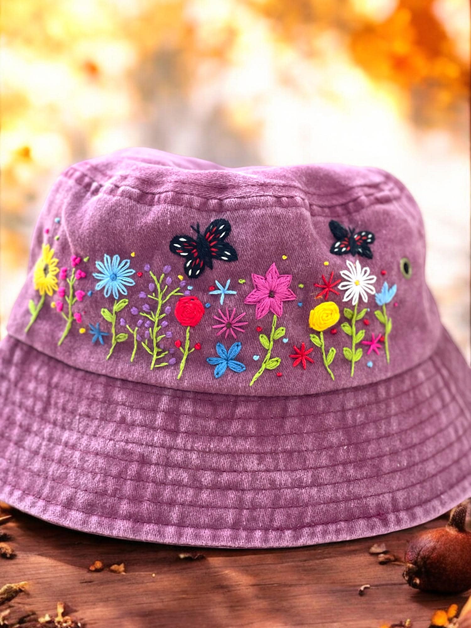 Hand Embroidery Colorful Bucket Hat, Flower Butterfly Embroidery