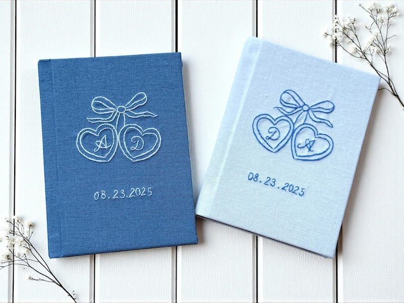 Set of 2 Vow Books with Couple Heart Embroidery, Personalized Hand Embroidered Linen Cover Wedding Notebook, Custom Couple Engagement Gift