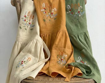 天然花柄100%ピュアエプロン、パーソナライズされた手刺繍のピュア