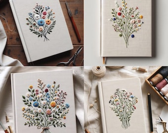 Caderno personalizado feito à mão com flores silvestres, caderno vintage bordado à mão, caderno com capa de tecido, caderno A5 personalizado, caderno secreto