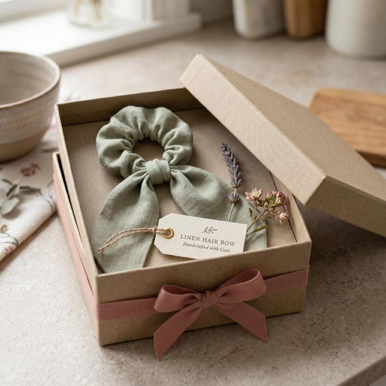 May include: A sage green linen hair bow scrunchie with long tails inside a kraft paper gift box. The box is tied with a dusty pink ribbon and includes a small tag that reads LINEN HAIR BOW Handcrafted with Care, alongside a sprig of dried lavender.