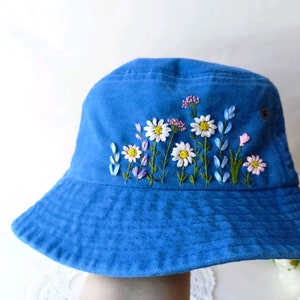 Flower Hand Embroidered Bucket Hat for Women, Embroidered Denim Hat, Vintage Hat For Woman, Colorful Embroidered Hat