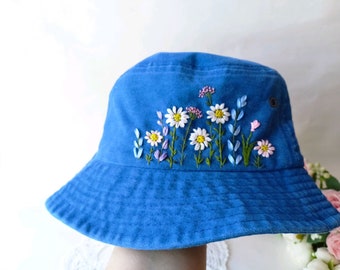 Flower Hand Embroidered Bucket Hat for Women, Embroidered Denim Hat, Vintage Hat For Woman, Colorful Embroidered Hat