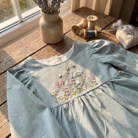 Dress with Wildflowers Garden Hand Embroidery, Custom Soft Linen Dress, Toddler Linen Dress, Birthday Dress, Kids Clothing, Dress for Girls Dress with Wildflowers Garden Hand Embroidery, Custom Soft Linen Dress, Toddler Linen Dress, Birthday Dress, Kids Clothing, Dress for Girls