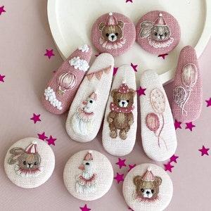 Bunny Bear Goose Embroidery Teardrop Hair Clip, Hand Embroidered Fabric Covered Button, Handmade Linen Hair Clips, Embroidery Hair Clips