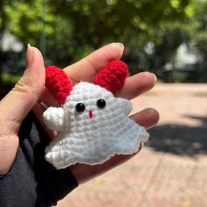 Crochet Horned Ghost Keychain, Ghost Car Mirror Hanging Accessory, Cute Spooky Ornament, Handmade New Car Gift, Halloween Car Decoration