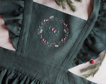 Hand Embroidered Mushroom Apron, Personalized Hand Embroidered Mushroom Wreath Apron, Natural Embroidery Linen Apron, Apron Dress for Women