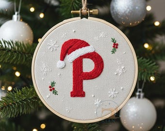 Personlig bokstavsnamn handbroderad julgransprydnad, anpassad initialprydnad, handgjord julgransdekoration, unik julklapp