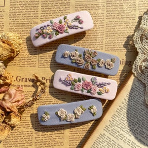 フランスの花の刺繍の長方形のヘアピン、フランスのバレッタヘアクリップ、花のヘアピン、花のヘアアクセサリー、手作りのヘアクリップ