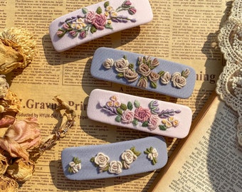 French Flower Embroidery Rectangular Hairpin, French Barrette Hair Clips, Floral Hair Pins, Floral Hair Accessories, Handmade Hair Clips