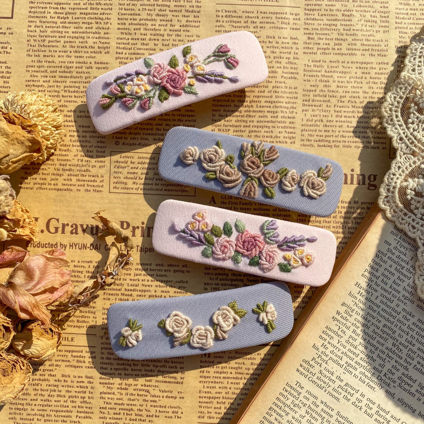 French Flower Embroidery Rectangular Hairpin, French Barrette Hair