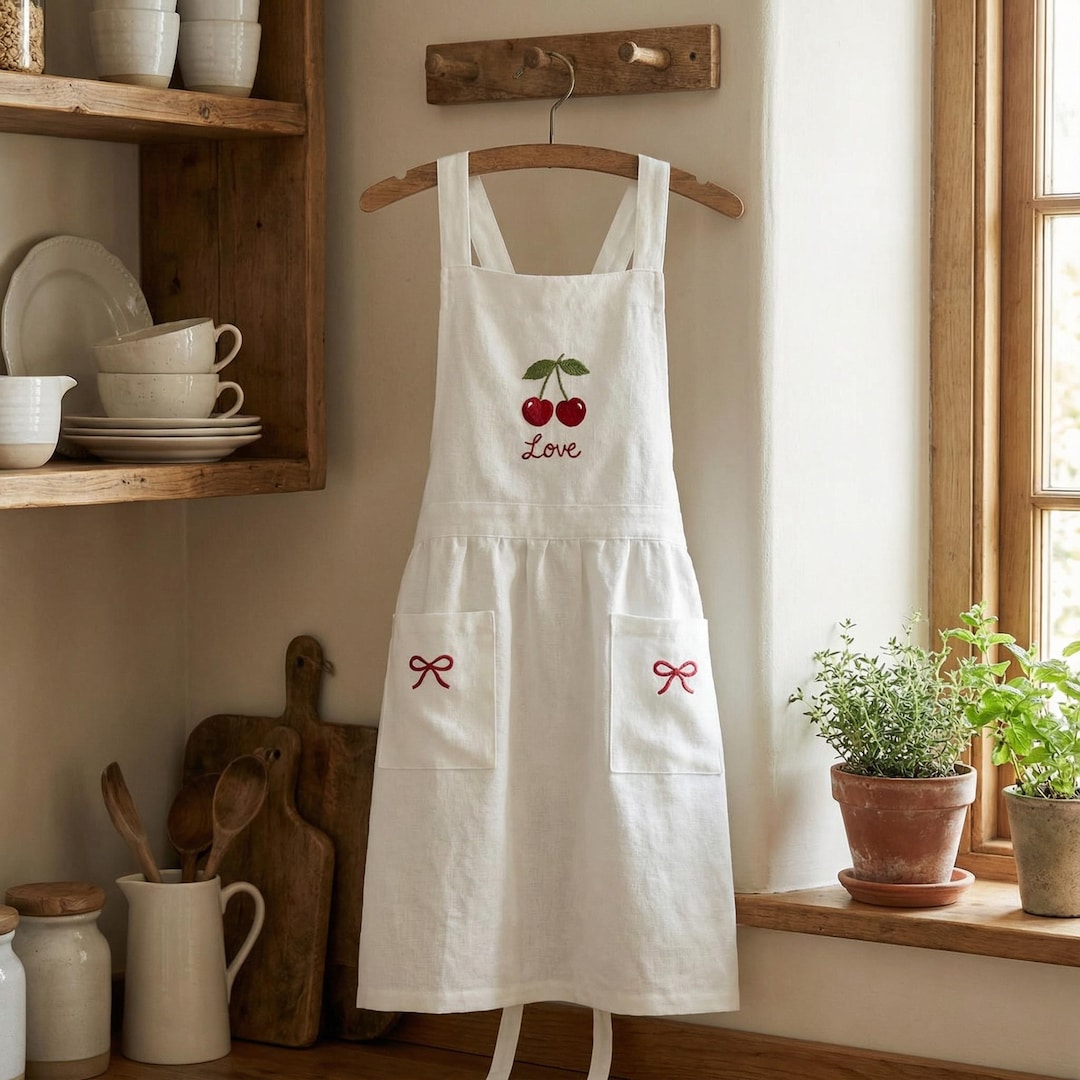 Hand Embroidered Cherry Apron, Personalized Hand Embroidered Apron