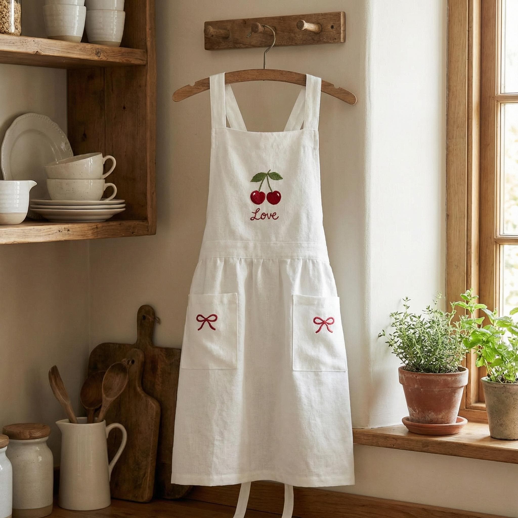 Hand Embroidered Cherry Apron, Personalized Hand Embroidered Apron