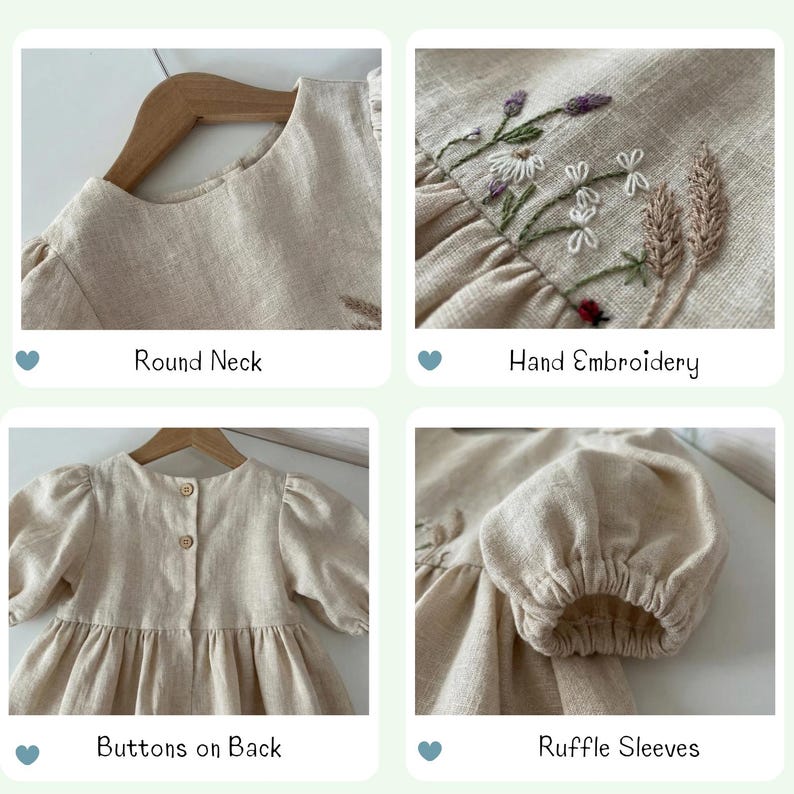 May include: A beige linen dress featuring a round neck, hand-embroidered floral details, two buttons on the back closure, and gathered ruffle sleeves. The garment displays a textured fabric weave and is presented on a wooden hanger.