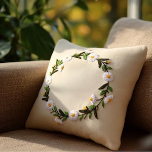 Hand Embroidered Daisy Wreath Linen Pillowcase, Handmade Cushion Cover, Floral Linen Pillow Cover, Botanical Living Room Decoration