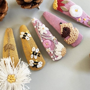 Pink & Yellow Hair Accessories for Girls, Embroidery TearDrop Hair Clip, Hand Embroidered Hair Clip, Handmade Linen Hair Clips