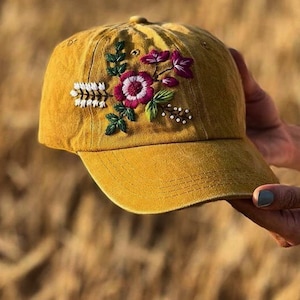 Floral Hand Embroidery Denim Cap, Flowers Embroidered Baseball Hat, Embroidered Baseball Cap, Beach Hat For Woman, Gift For Her