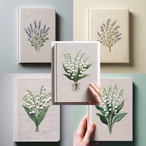 Personlig handbroderad anteckningsbok med lavendel/liljekonvalj, handbroderad anteckningsbok, tygomslag A5 anteckningsbok, hemlig anteckningsbok