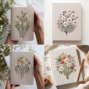 Personalized Daisy Flowers Handmade Notebook, Vintage Hand Embroidered Notebook, Fabric Cover Notebook, Custom A5 Notebook, Secret Notebook